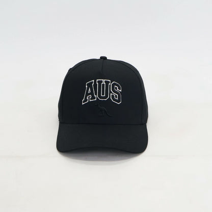 A black baseball cap featuring 'AUS' embroidered in white arched letters on the front, with a small black kangaroo logo underneath, set against a plain white background.
