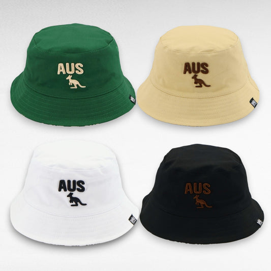 Reversible Australia bucket hats in sand, green, white and black with embroidery logo 