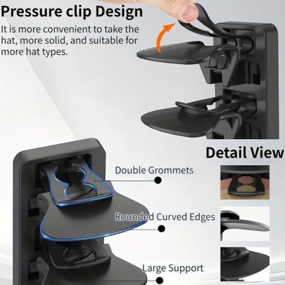 Close up of hat rack clip holding a snapback hat securely
