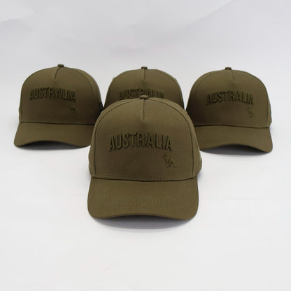 Classic Aussie khaki snapback hat front view