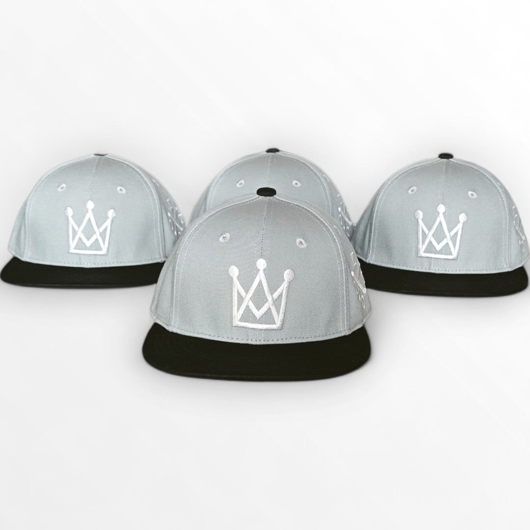 king of the court Grey and black kids snapback hat with white crown logo front view