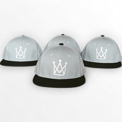 king of the court Grey and black kids snapback hat with white crown logo front view