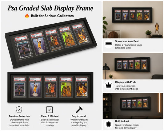 PSA trading card display frame holding 5 graded sports cards