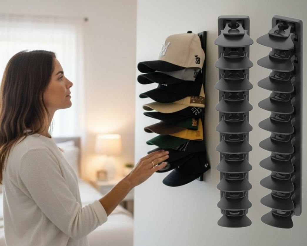 Woman organizing hats on a wall-mounted hat rack with 'HAT RACKS' text.