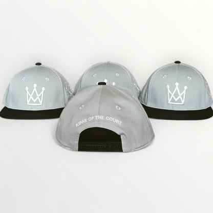 king of the court Grey and black kids snapback hat with white crown logo back view