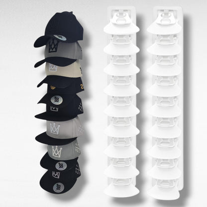 Wall mounted hat rack displaying 10 snapback hats in a vertical space-saving design