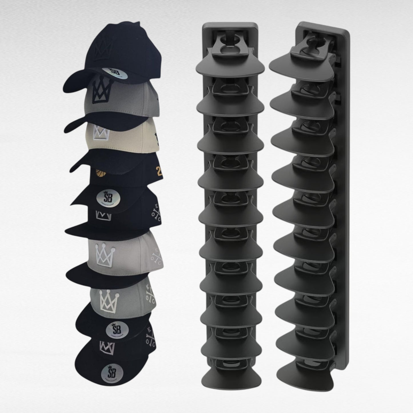 Wall mounted hat rack displaying 10 snapback hats in a vertical space-saving design