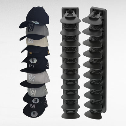 Wall mounted hat rack displaying 10 snapback hats in a vertical space-saving design